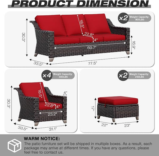 Joyside Wicker Patio Furniture Sets, 7 Pieces Upgraded Large Size Outdoor Furniture with 4 Swivel Rocking Patio Chairs, 3-Seat Sofa, Outdoor Ottoman, Thick Cushions, Wide Armrest, Red