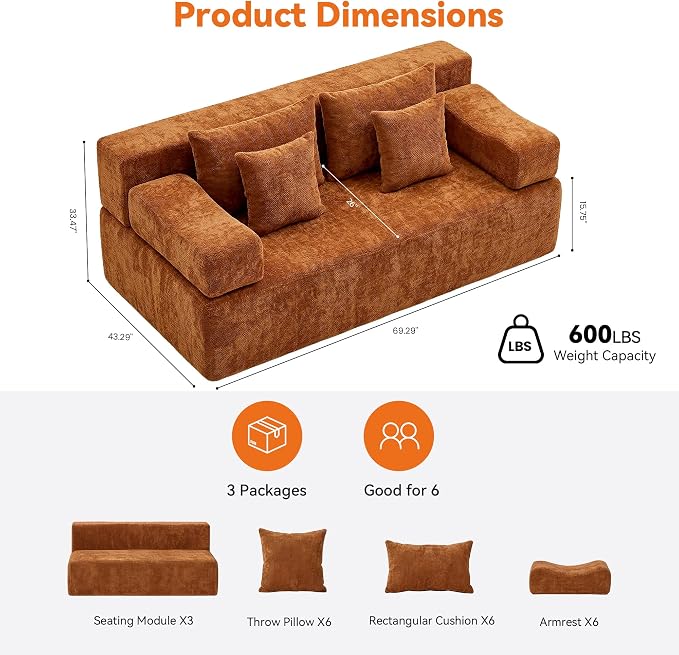MONVANE 3-Piece Boneless Loveseat Couch Set for Living Room, Oversized Modular Sectional Sofa Set with Removable Armrests, Comfy Chenille Cloud Couch with 12 Pillows, No Assembly Required, Orange