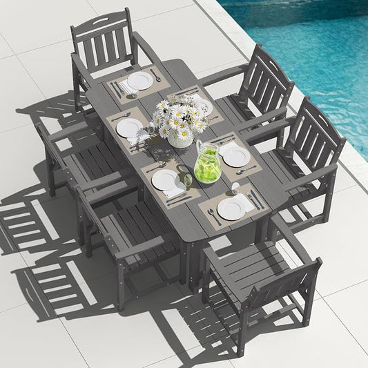 HDPE Outdoor Patio Dining Set with Table & 6 Chairs, All-Weather 7-Piece Outdoor Table and Chairs, 2" Umbrella Hole, Patio Furniture for Garden, Backyard, Deck | Grey