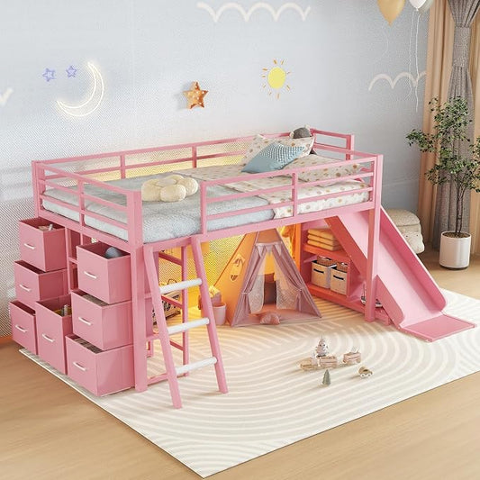 Bellemave Twin Size Loft Bed with 7 Non-Woven Fabric Drawers, Shelves and Wardrobe, Twin Loft Bed with Detachable Slide and Ladders, Low Profile Loft Beds with Lights, Noise Reduced Design Pink