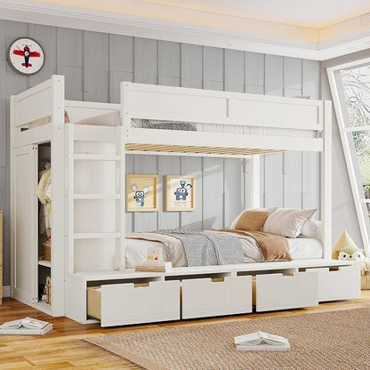 Bellemave Twin Over Twin Bunk Bed with Storage Drawers,Solid Wood Bunk Bed with Built-in Wardrobe,Storage Shelf and Safety Guardrails for Kids Girls Boys,Ivory