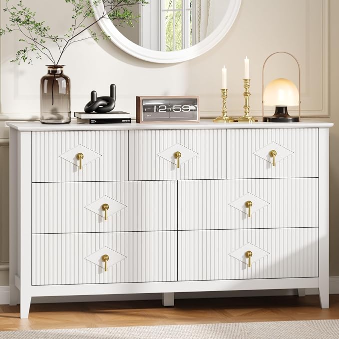 GarveeHome Fluted Dresser for Bedroom, 54 Inch Wide 7-Drawer Wood Dresser, Modern Chest of Drawers, Storage Organizer Cabinet for Living Room, Hallway, Entryway, White