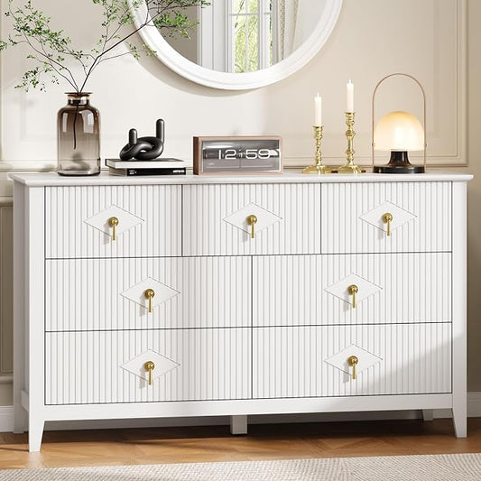 GarveeHome Fluted Dresser for Bedroom, 54 Inch Wide 7-Drawer Wood Dresser, Modern Chest of Drawers, Storage Organizer Cabinet for Living Room, Hallway, Entryway, White
