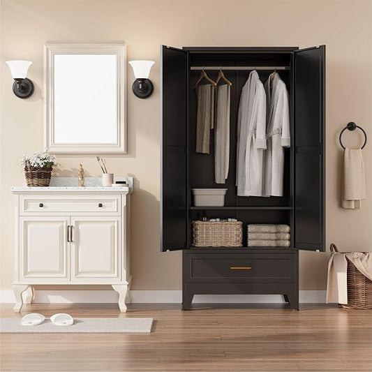 Metal Wardrobe Closet Cabinet with Drawers,71" H Large Bedroom Armoires with Shelves and Hanging Rod,Wardrobe Storage Cabinet with 2 Doors, 1 Adjustable Shelf and Drawers (1Drawer, Black)