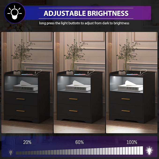 dnbss Black LED Nightstand with Charging Station, Modern Night Stands with 24-Color RGB LED Lights, Smart Lighted Black Bedside Table with 2 Drawers for Bedroom