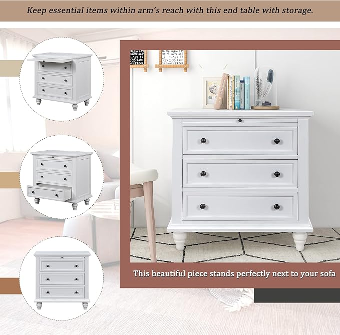 Merax Nightstand with Drawers Set of 2, Wood Bedside End Table with Pull Out Tray, White(No Guide Rails)
