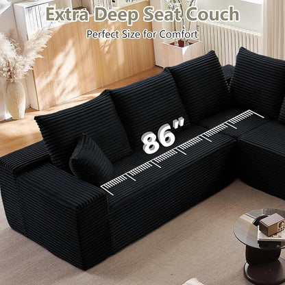 Sectional Cloud Couch for Living Room, Modern Modular Floor Deep-Seat Sofa, Upholstered L Shaped Sofas, Big Comfy Corduroy Couches Set for Living Room Bedroom, No Assembly Required, Black