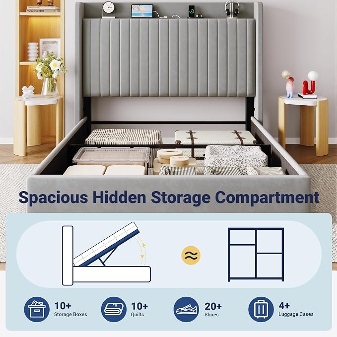 Allewie Full Size Lift Up Storage Bed Frame,Storage Shelf Headboard with Charging Station,Type-C and USB Ports,Hydraulic Support,Velvet Upholstered Bed Frame,No Box Spring Needed,Grey