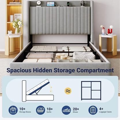 Allewie Queen Size Lift Up Storage Bed Frame,Storage Shelf Headboard with Charging Station,Type-C and USB Ports,Hydraulic Support,Velvet Upholstered Bed Frame,No Box Spring Needed,Grey