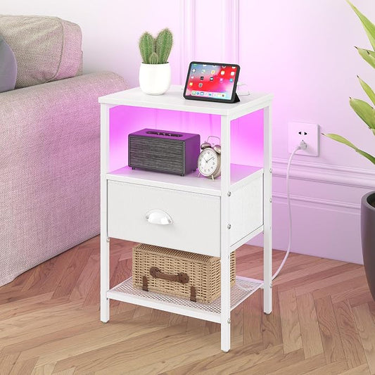 sthmec Nightstands Set of 2, LED Night Stands with Charging Station and Fabric Drawer, Bedside Tables with Drawers, 2- Tier LED Side Table End Table Charging Station Bedroom, White