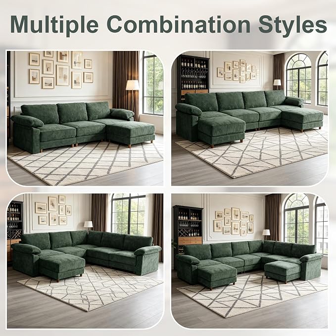 Oversized L Shaped Sectional Couch for Living Room, Extra Large Deep Seat Modular Sectional Sofa with Washable Covers, Modern Cloud Couch for Apartment, Bedroom (Green, 3 Seater)