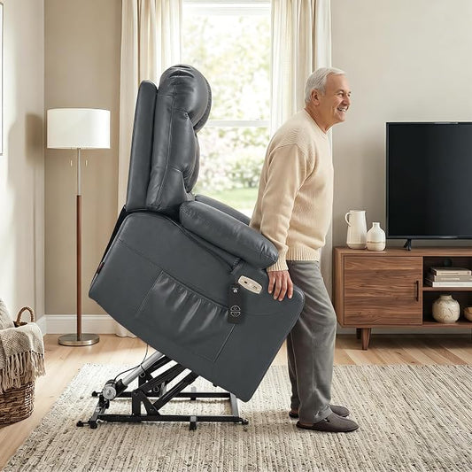 MCombo Oversized Power Lift Recliner Chair with Extended Footrest, Extra Wide for Big and Tall Elderly People, Faux Leather R7289 (Dark Grey, Medium-Wide)
