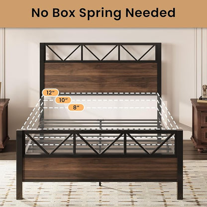 LIKIMIO Queen Bed Frame, Tall Industrial Headboard 51.2 ", Platform Bed Frame with Strong Metal Support, Solid and Stable, Noise Free, No Box Spring Needed, Easy Assembly, Walnut
