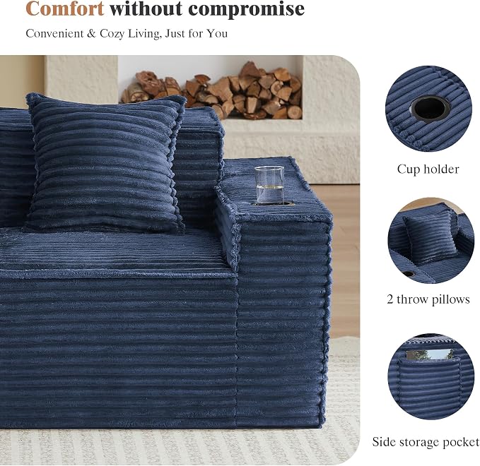 Boneless Sofa Couches with Cup Holder for Compact Living Rooms, Apartments (Blue, Loveseat + 3 Seat Sofa)