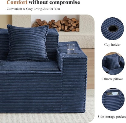 2 Pcs Living Room Cloud Sofa Set, Boneless Sofa Couches with Cup Holder and Side Pocket for Compact Living Rooms, Apartments (Blue, Single Chair + Loveseat)