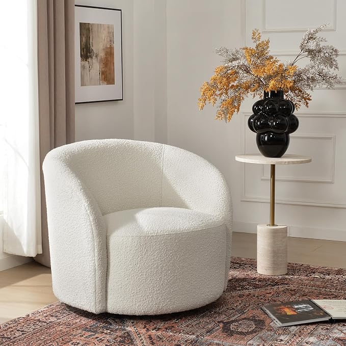 KINWELL 34" W Mid Century Modern Swivel Barrel Chair, Round Upholstered Boucle Swivel Accent Chairs, No Assembly Sofa Chair for Living Room Bedroom Reading Apartment Lounge Nursery(Cream)