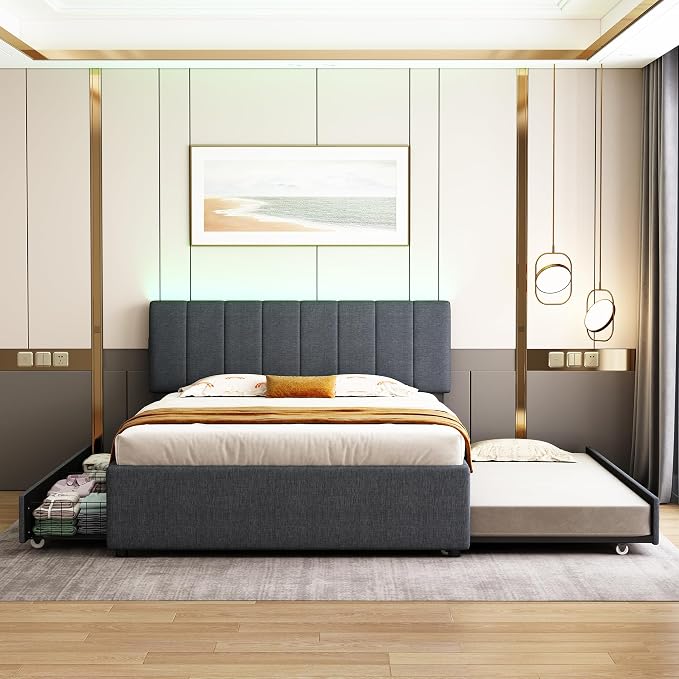 Queen Size Upholstered Platform Bed w/Trundle Bed & 2Storage Drawers | Twin Size Trundle,Two Drawers,LED Lighting Controlled by APP, USB+Type-C Charging Ports,Linen Upholstered Bed Frame,Dark Grey