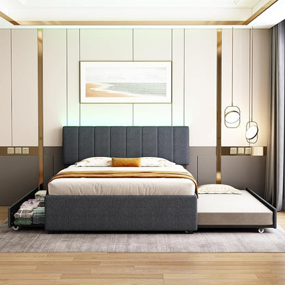 Queen Size Upholstered Platform Bed w/Trundle Bed & 2Storage Drawers | Twin Size Trundle,Two Drawers,LED Lighting Controlled by APP, USB+Type-C Charging Ports,Linen Upholstered Bed Frame,Dark Grey