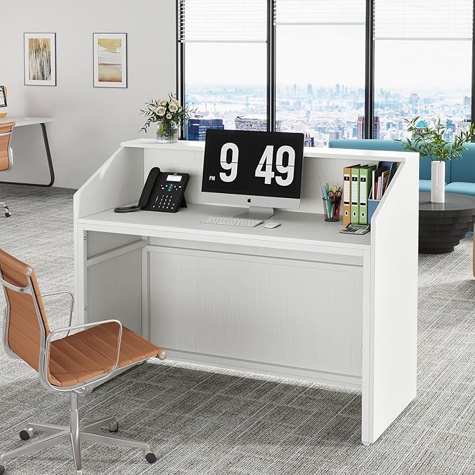 LITTLE TREE 47-Inch Reception Desk with Counter, White Front Desk Reception Room Table, Retail Counter for Checkout, Modern Welcome Desk for Lobby, Office, Beauty Salon