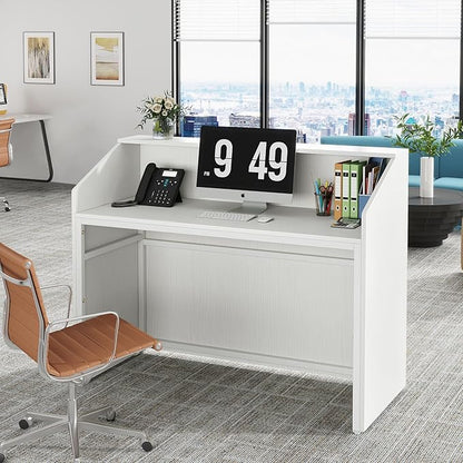 LITTLE TREE 47-Inch Reception Desk with Counter, White Front Desk Reception Room Table, Retail Counter for Checkout, Modern Welcome Desk for Lobby, Office, Beauty Salon