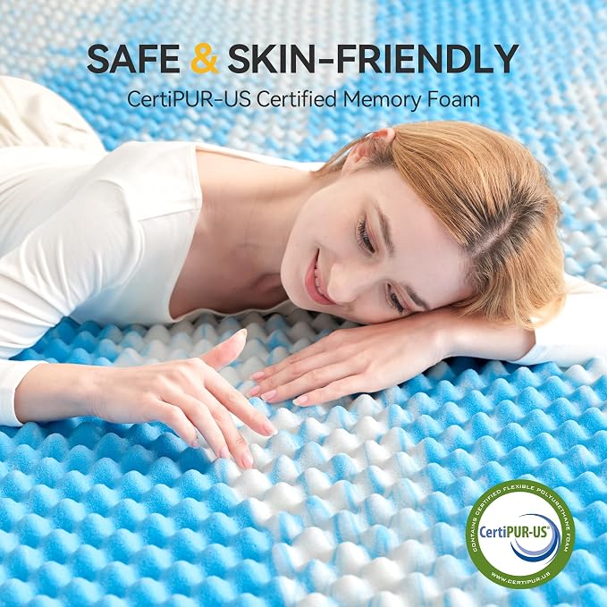 SINWEEK 2 Inch Egg Crate Memory Foam Mattress Topper Queen Size, Soft Mattress Pad for Back Pain Relief, Bed Topper, CertiPUR-US Certified, Blue