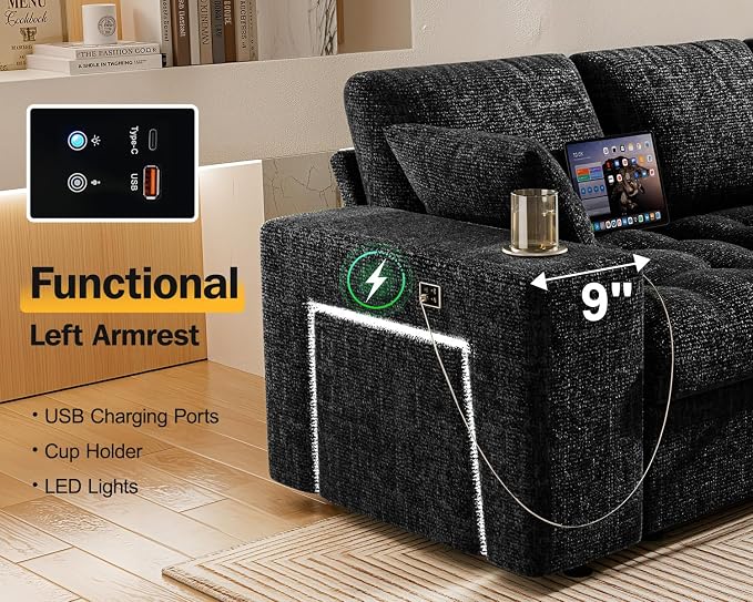 Vipbear 111" Modular Sectional Sleeper Sofa with Pull Out Bed, 7 Seat Chenille L Shaped Couch with Storage Chaise|USB Ports|Cup Holders|Side Table|LED Light, Tool Free Assembly, Black