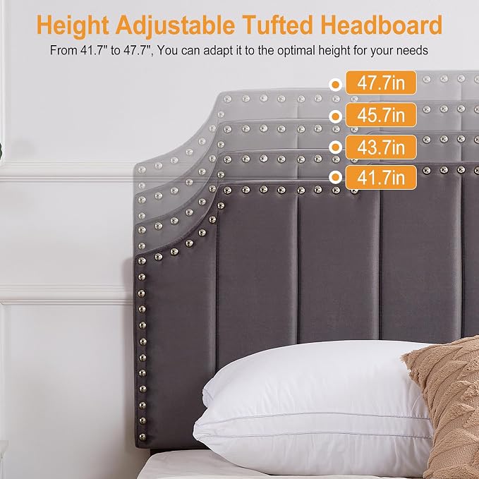 VECELO Queen Velvet Upholstered Platform Bed Frame with 4 Rollers Storage Drawers,Queen Size Bed with Tufted Height Adjustable Headboard,Wooden Slats/No Box Spring Needed/Easy Assembly