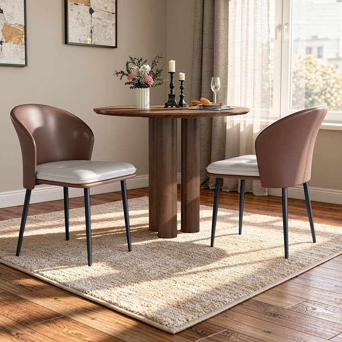 Modern Curved Back Dining Chairs Set of 2, Faux Leather Upholstered Accent Chair, Mid-Century Kitchen Side Chair with Soft Cushion for Dining Room, Living Room, Bedroom, Brown