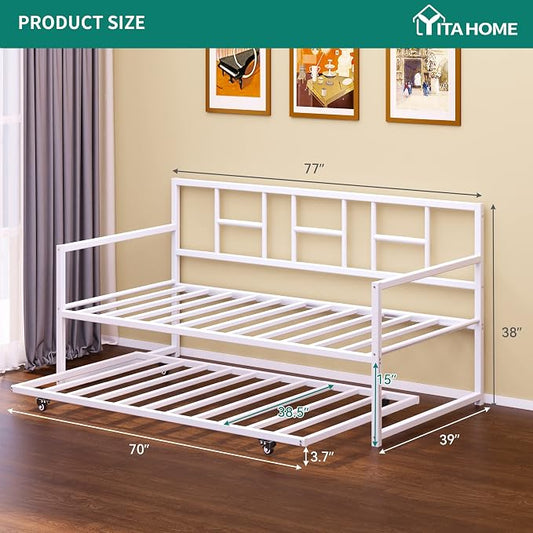 DWVO Daybed with Trundle, Adjustable Height Twin Daybed with Pull Out Trundle, Sofa Bed Couch with Heavy Duty Metal Slats, for Living Room, Bedroom, Guest Room, Space Saving, Modern White
