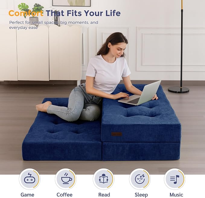 MAXYOYO 6" Folding Sofa Bed for Floor, Tufted Tri-Fold Floor Mattress with Chenille Fabric, Twin Size Portable Sofa Couch Guest Mat for Adults, Foldable Topper for Camping, Navy, 35.4"x75"