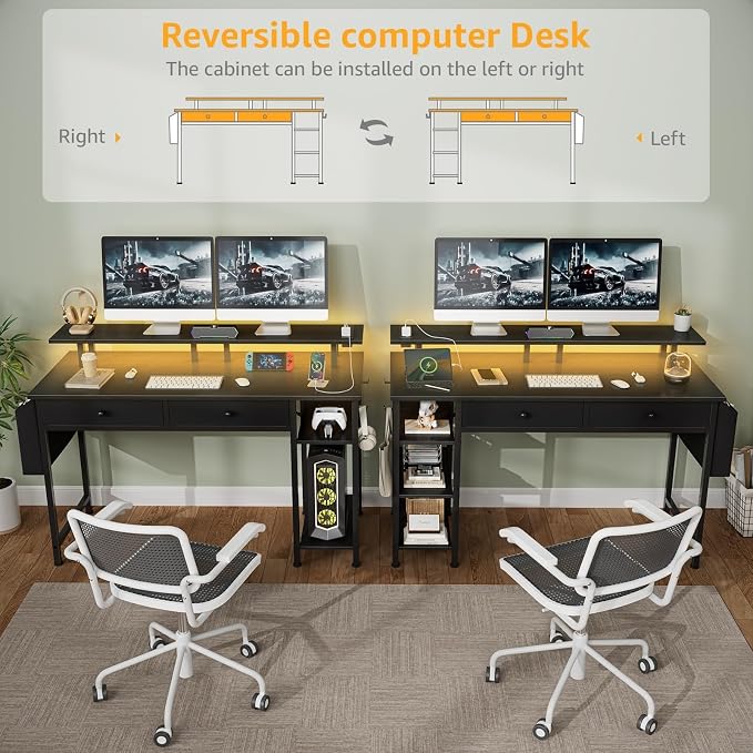 DLisiting Black Gaming Desk with Shelves and Drawers - 39 Inch Small Gaming Desk with Storage Shelves for Boys Teens Bedroom, Black Computer Desks with Drawers, Monitor Stand, Power Outlet