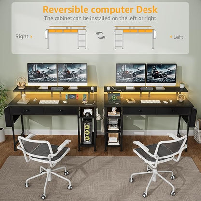 DLisiting Black Gaming Desk with Shelves and Drawers - 39 Inch Small Gaming Desk with Storage Shelves for Boys Teens Bedroom, Black Computer Desks with Drawers, Monitor Stand, Power Outlet