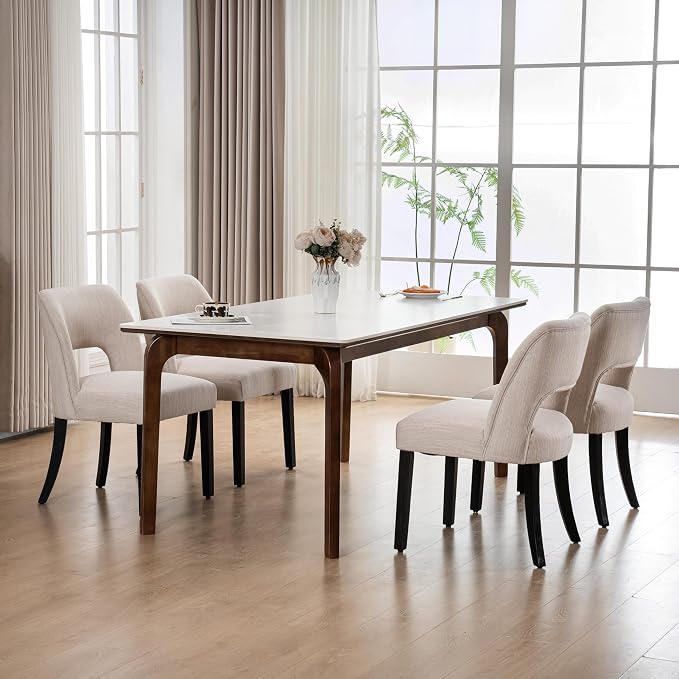 VKNOW Wooden Dining Chairs Set of 4, Modern Fabric Upholstered Dining Room Chair Kitchen Chairs, Farmhouse Dinner Chair for Kitchen Dining Room, Beige-Black Legs