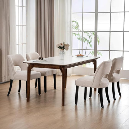VKNOW Wooden Dining Chairs Set of 4, Modern Fabric Upholstered Dining Room Chair Kitchen Chairs, Farmhouse Dinner Chair for Kitchen Dining Room, Beige-Black Legs