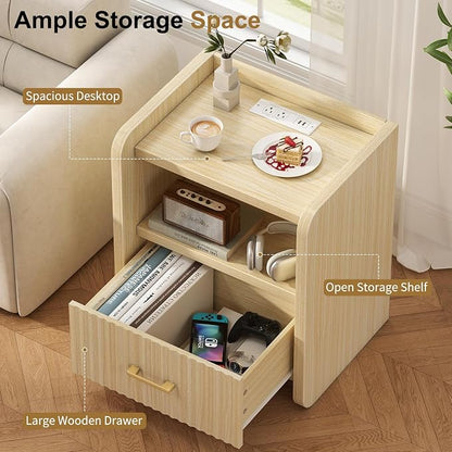 Night Stand with Charger Station - Modern Wood Nightstand with Drawer Storage, Fluted Wide Nightstands Bedside Table, Mid Century Night Stands for Bedroom Home Office Sofa, Natural