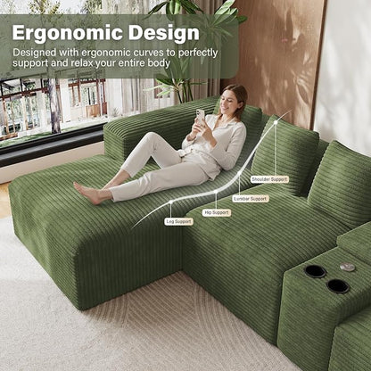 143" Oversized U Shaped Cloud Sectional Couches for Living Room, Comfy Fluffy Corduroy Green Boneless Couch, Large Modular Sectional Sofa Set with Chaise, Cup Holder, USB Port, Storage Console