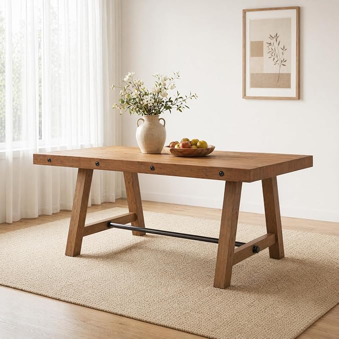 chairus 59" Reclaimed Wood Rectangular Farmhouse Dining Table | 59"L x 35.5"W x 30"H Standard Dining Height Tabletop, Seats 4-6, Reinforced A-Frame Legs with Black Metal Support Bar