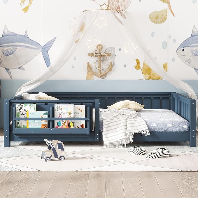 Bellemave Queen Size Montessori Floor Bed with Slats and Fence, Queen Size Montessori Bed with Rails and Bookcase, Easy Assemble Floor Beds Frame,Blue