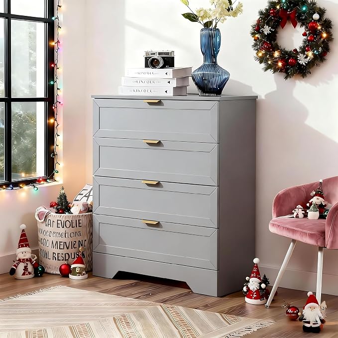 37-inch Tall Chest of Drawers, 4 Drawer Dresser for Bedroom, Grey Wood Dresser with Large Drawers, Modern Storage Cabinet for Closet, Living Room, Entryway, Light Grey