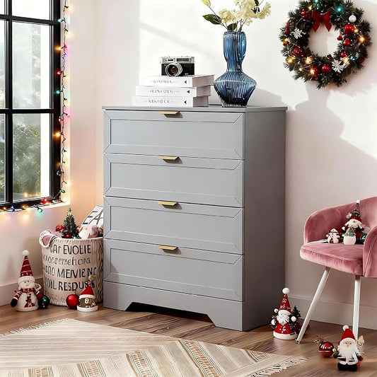 37-inch Tall Chest of Drawers, 4 Drawer Dresser for Bedroom, Grey Wood Dresser with Large Drawers, Modern Storage Cabinet for Closet, Living Room, Entryway, Light Grey
