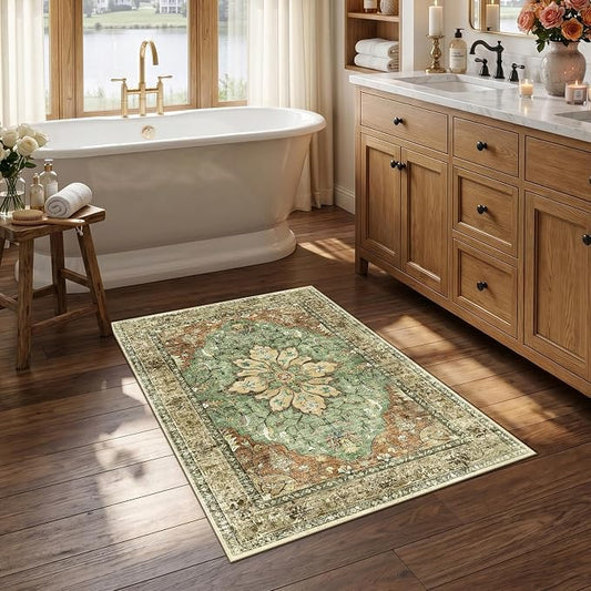 RELEANY Area Rugs Small 2'6"x4' Washable Non-Slip, Floral Vintage Distress Medallion Carpet for Kitchen Entryway Bathroom, Terracotta Burnt Orange Green