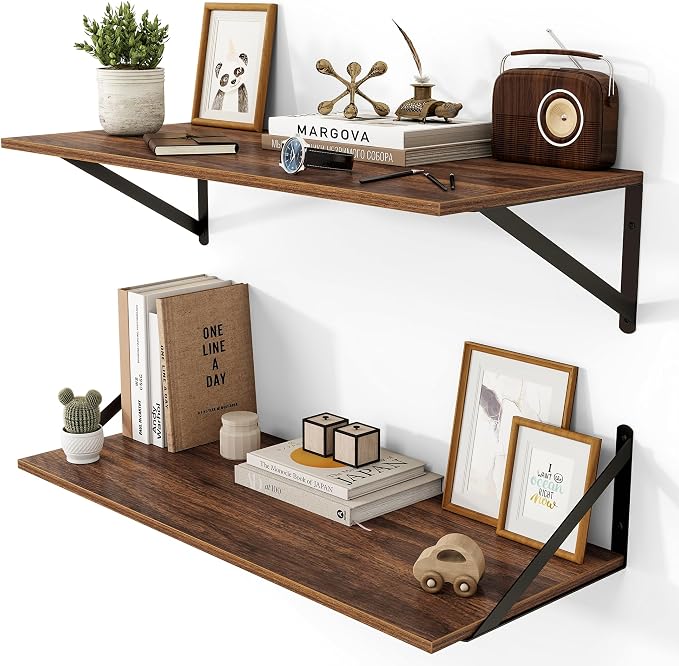 Heimlove 12 Inch Deep Floating Shelves for Wall, 28W x 12D Wood Wall Shelves Set of 2, Walnut Wide Floating Bookshelf for Living Room, Kitchen, Office, Bedroom, with Black Metal Bracke - Walnut