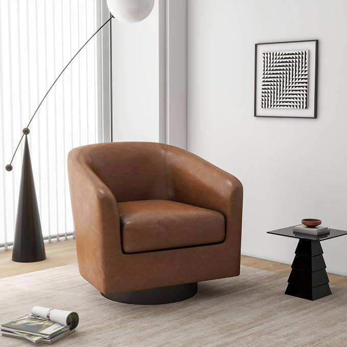 Swivel Barrel Accent Chair, Modern Round Faux Leather Arm Chair for Living Room, Bedroom, Comfy Club Reading Chairs for Adults(Faux Leather, Brown, Set of 4)