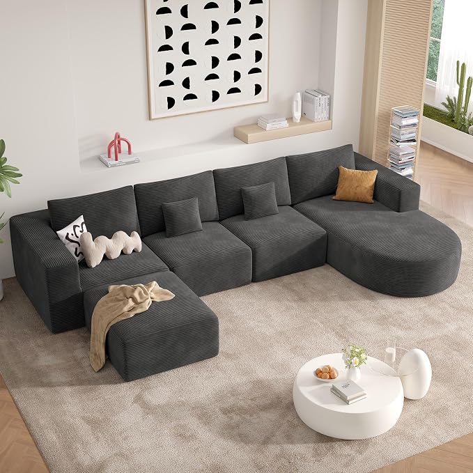 134" Boneless Couches for Living Room,Large U-Shaped Modular Sectional Sofa with Convertible Ottoman,Modern Cozy Cloud Couch in a Box,Sponge Compression Deep Seat Sofas with Chaise,Gray,1pcs