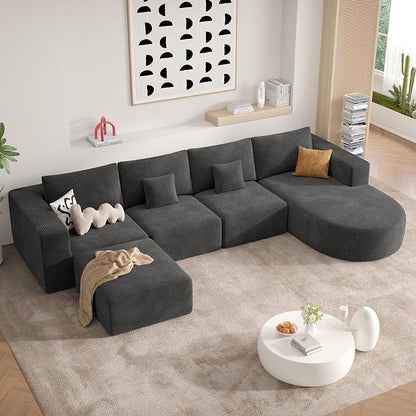 134" Boneless Couches for Living Room,Large U-Shaped Modular Sectional Sofa with Convertible Ottoman,Modern Cozy Cloud Couch in a Box,Sponge Compression Deep Seat Sofas with Chaise,Gray,1pcs