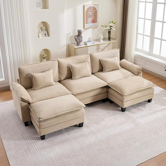 122" Corduroy Modular Sectional Sofa, Convertible U Shaped Modular Sofa Comfy Cloud Couch with Ottoman, Side Pockets and 3 Throw Pillows for Living Room, Kahki, 5 Seats