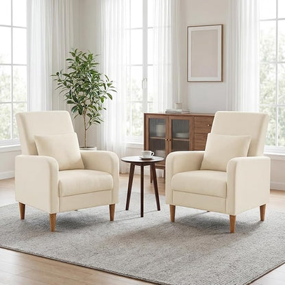 COLAMY Mid-Century Modern Upholstered Accent Chair with Back Pillow & Solid Wood Legs, Fabric Cozy Armchair for Living Room, Bedroom, Reading Nook, Apartment & Small Spaces, White