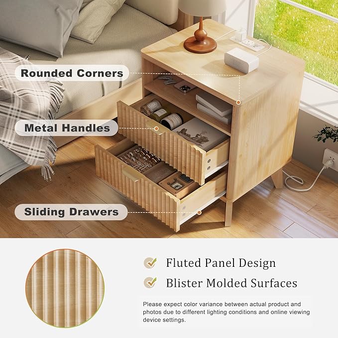 LYNCOHOME Fluted Nightstand with Charging Station, 19.7 inch Wide End Table with 2 Drawers, Modern Wood Bedside Table for Bedroom,Natural,1 Pcs