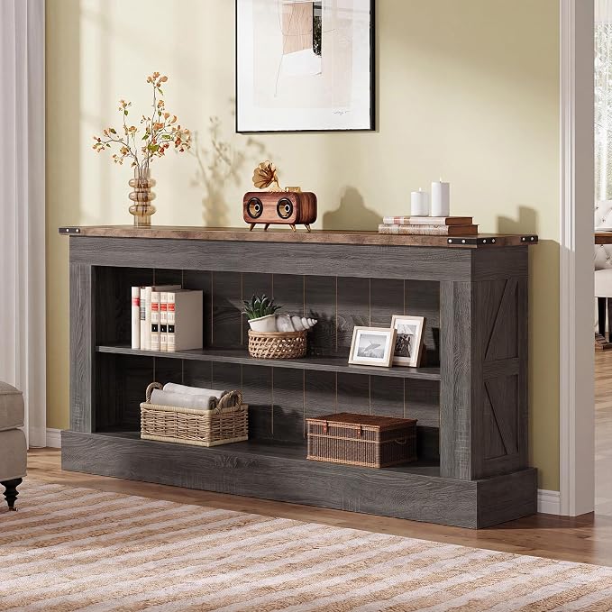 Tribesigns 63-Inch Long Console Table for Entryway, Narrow Long Entry Table with Shelves for Living Room, Farmhouse Sofa Console Behind Couch, for Foyer, Hallway, Gray and Brown