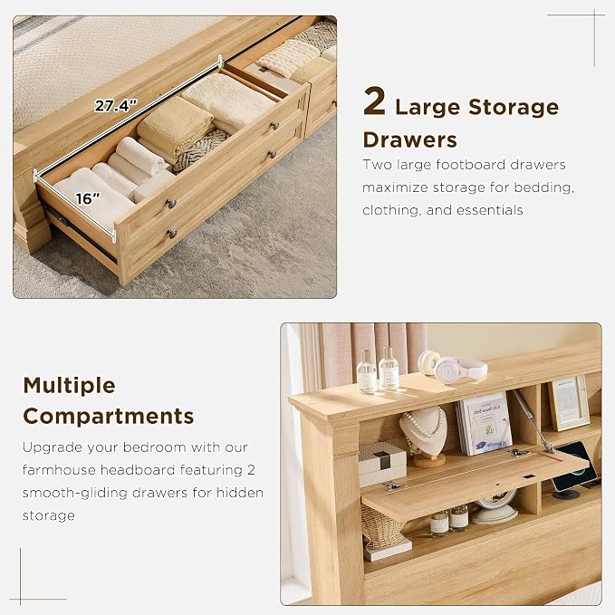 T4TREAM Farmhouse Queen Size Bed Frame with 54" Tall Storage Bookcase Headboard, 18" Roman Column Decoration Footboard,2 Drawer & 4 Storage Rack, Oak